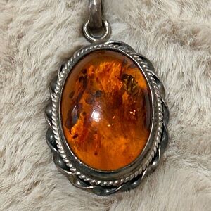 Italian Silver Amber Pendant Necklace